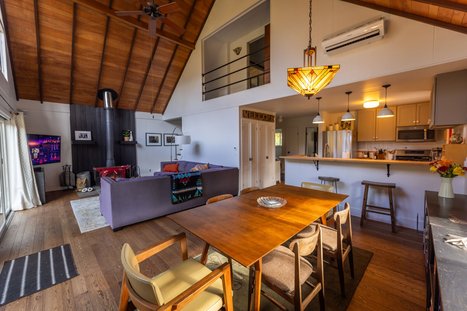 Dining table under the A-frame ceiling